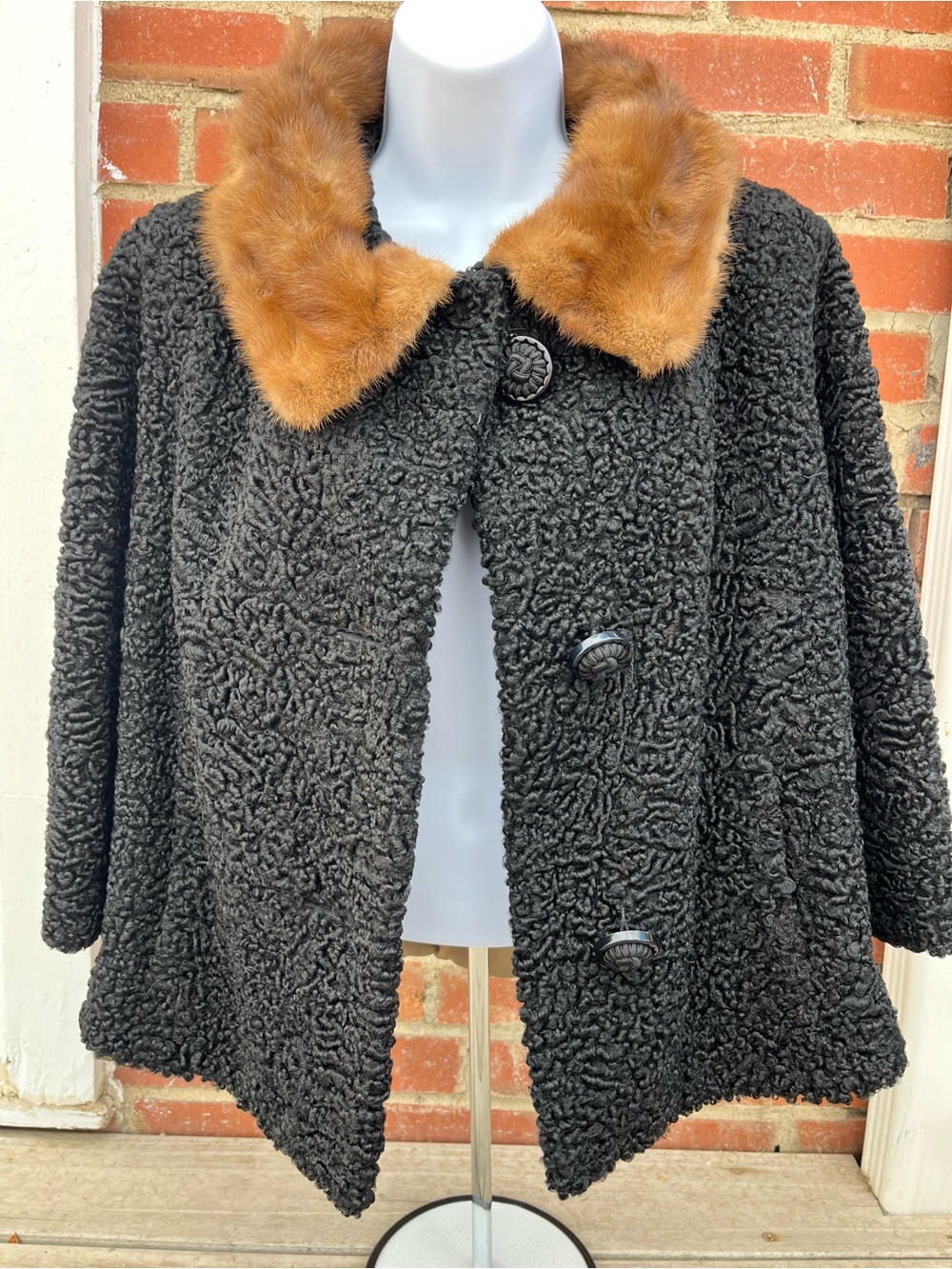 Vintage Schlammp Black Persian Lamb and Brown Mink Coat with Pockets